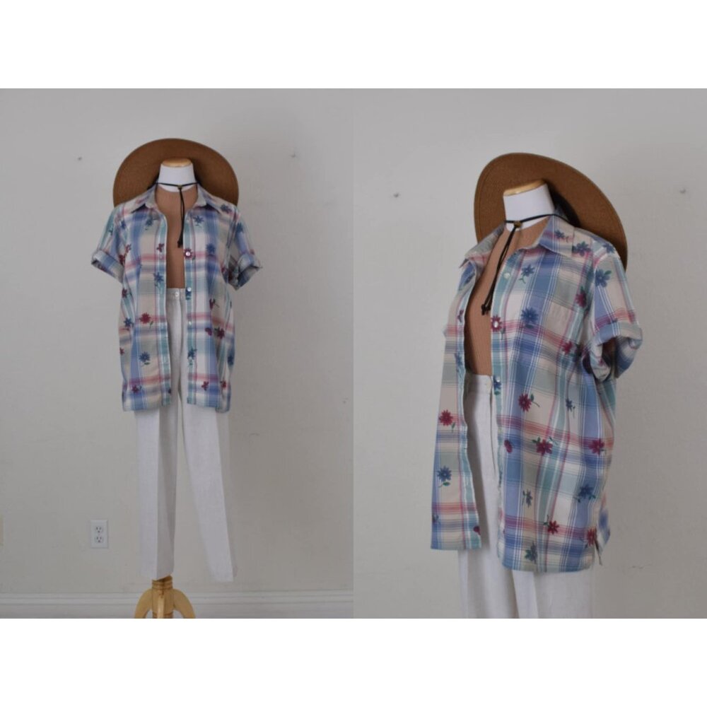 Vintage 80s‎ Floral/Plaid Blouse